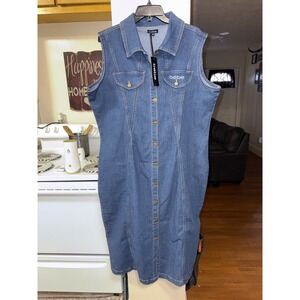 Bebe Womens Plus Size 3X Denim Midi Dress Medium Wash Rhinestone Logo Y2K